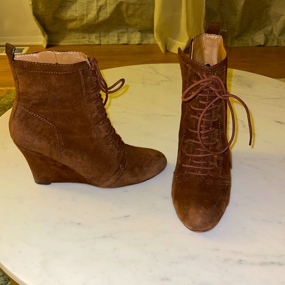 Brown wedge booties